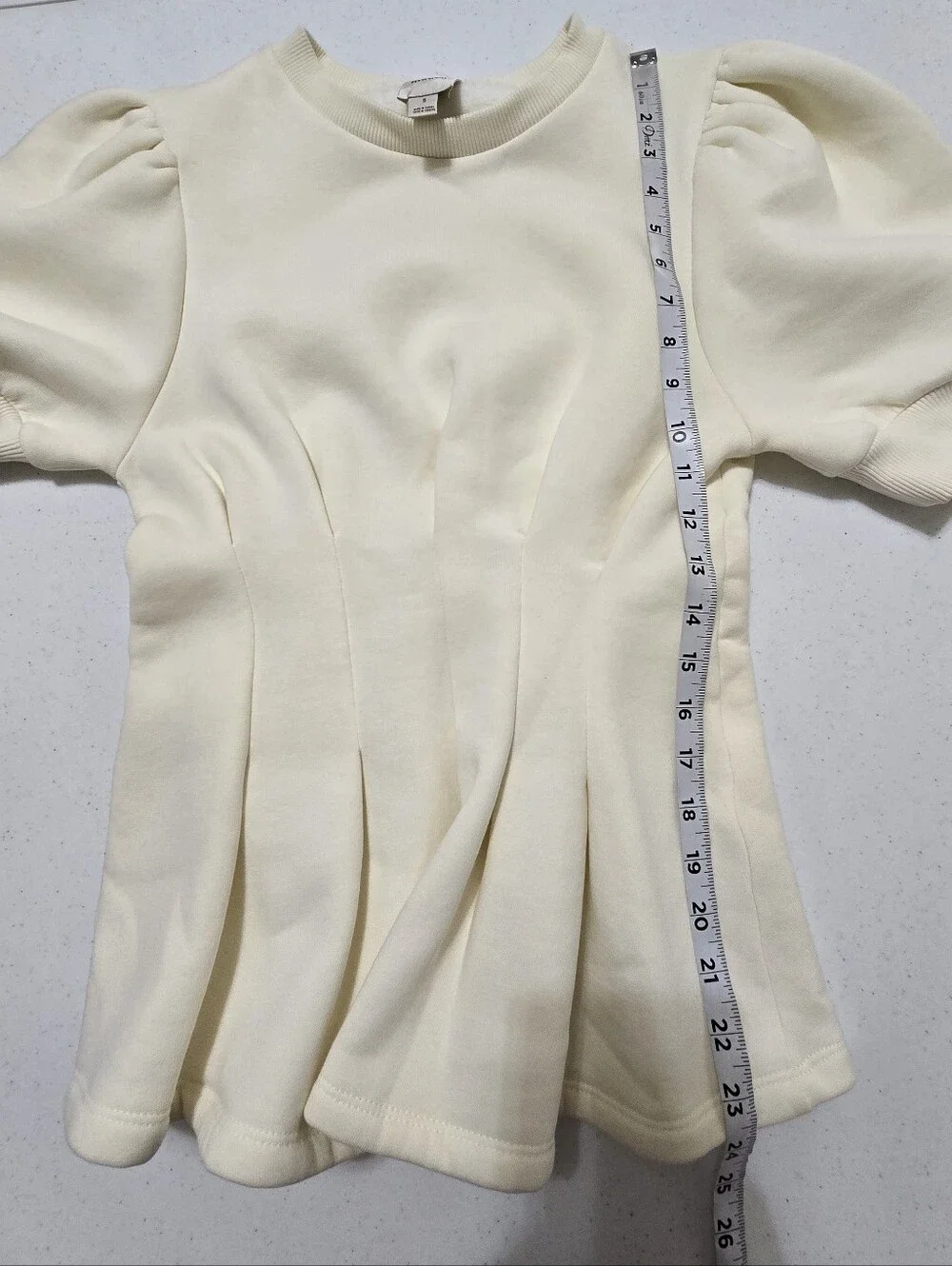 Anthropologie Maeve Puff-Sleeve Pleated-Waist Peplum Top Ivory Women's Small